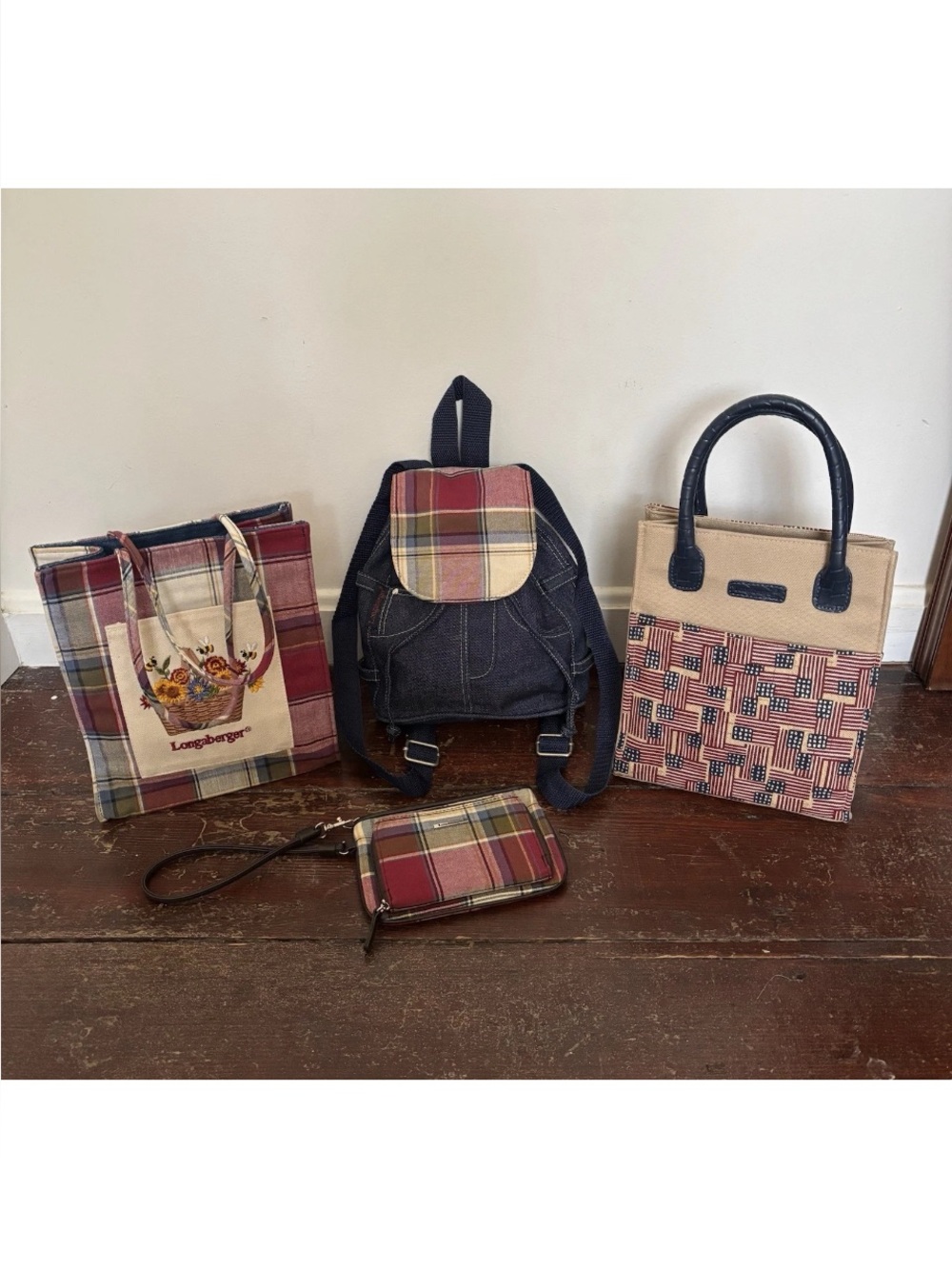 Longaberger Homestead Multi Color Plaid Small Totes Mini Backpack & Wristlet
